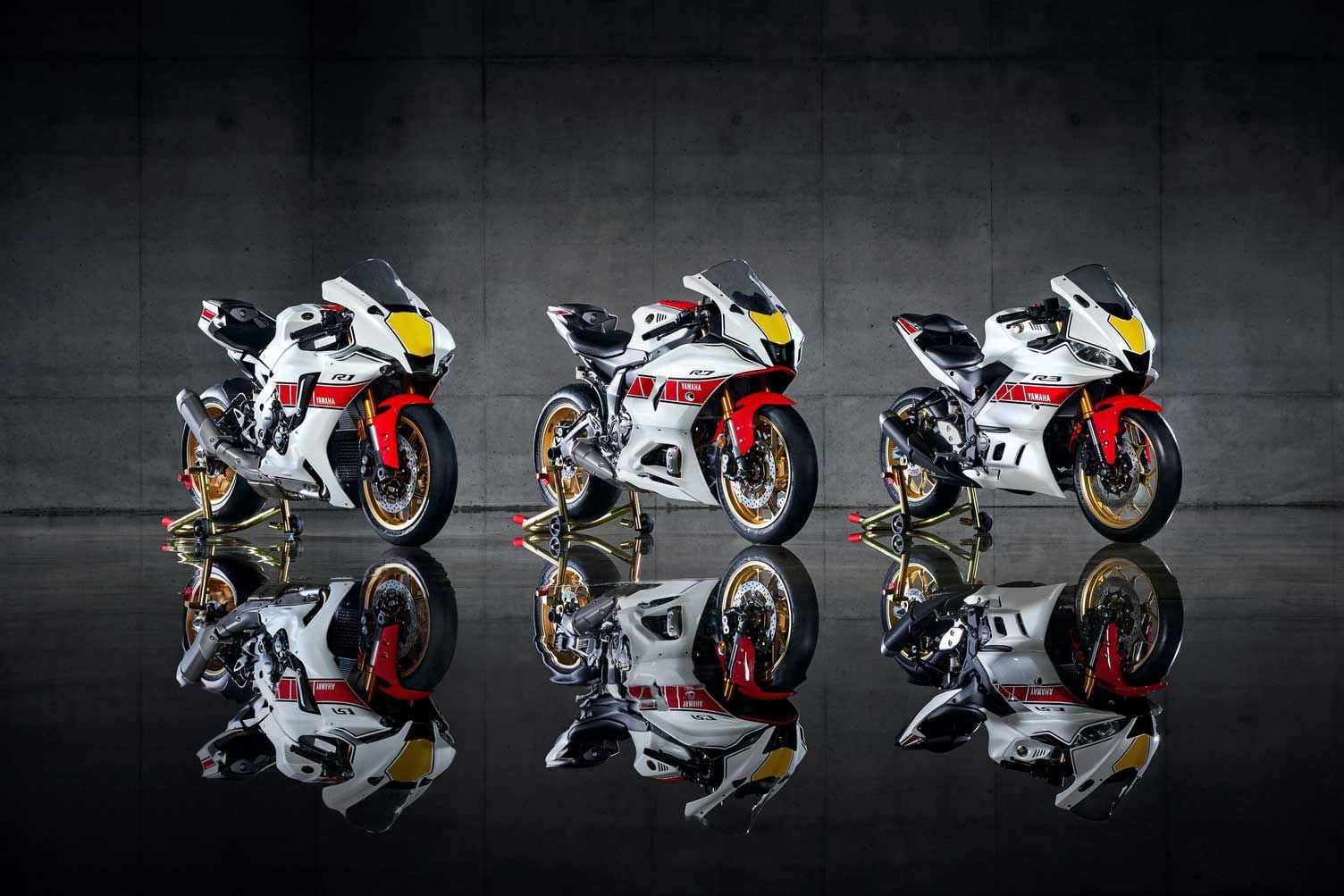 For 2022 Yamaha’s R1, R7, and R3 models are available with the special anniversary race livery.