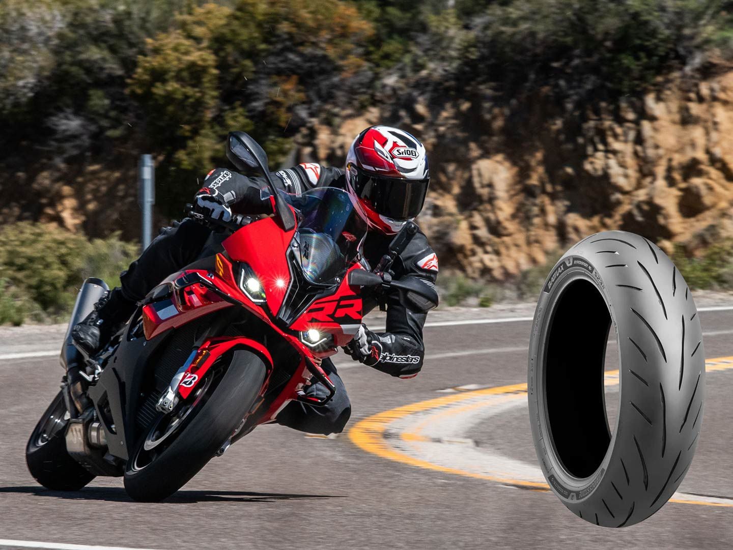 Bridgestone describes its Battlax Hypersport S23 as being “engineered for increased wet and dry grip, plus cornering stability without compromising wear for more time carving up the road.” Basically, more of everything you want as a sportbike rider.