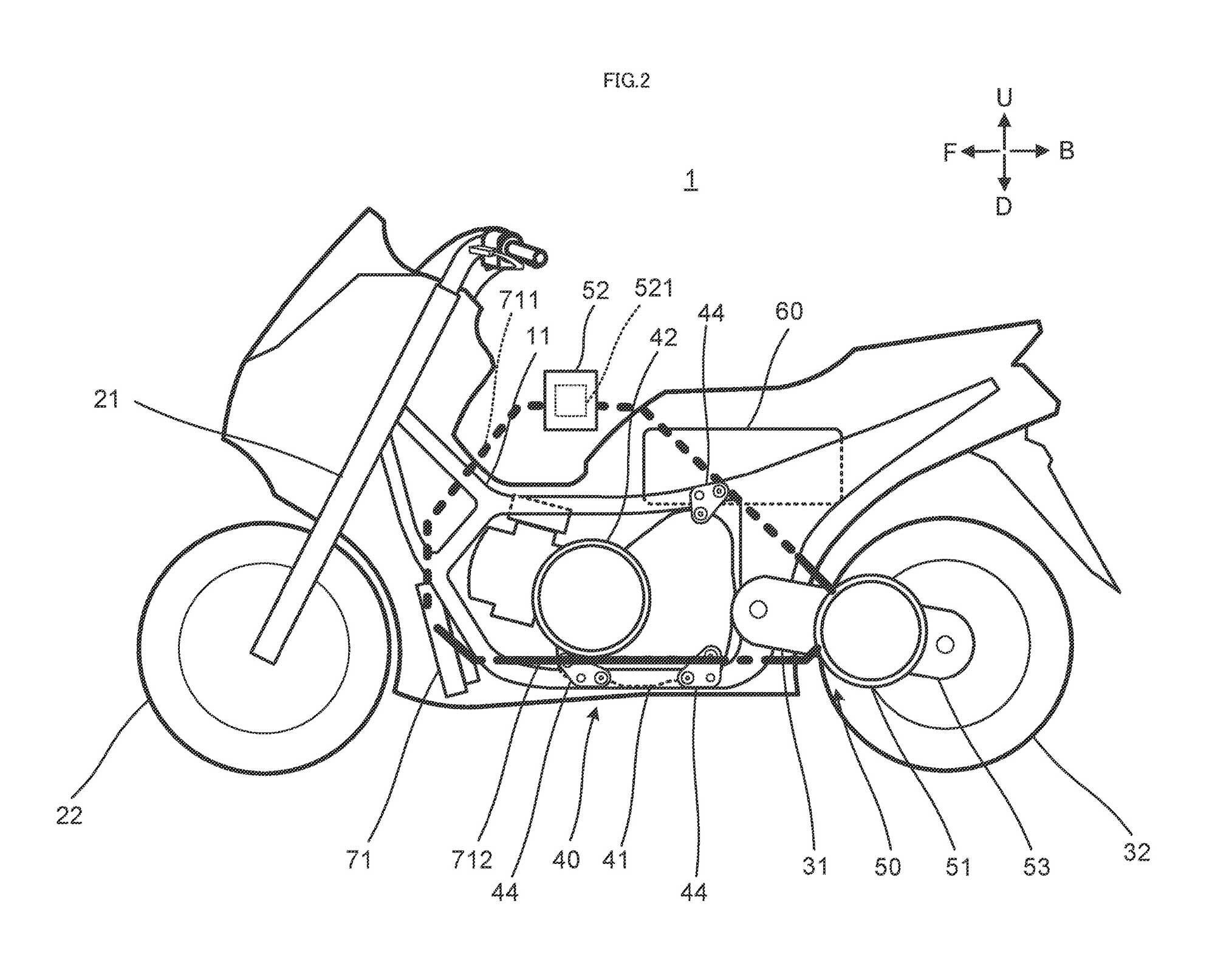 The second of the new designs shifts the gas engine backward and relocates the electric motor on the swingarm, for a more compact machine.