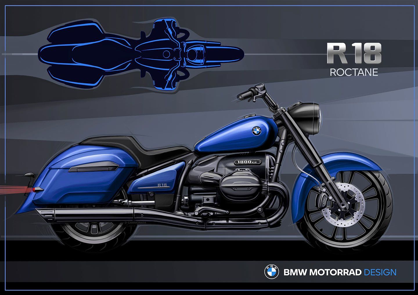 This early sketch of the R 18 Roctane shows a bigger, passenger-worthy saddle and more blacked-out finishes on the engine. No doubt there are accessories for that.