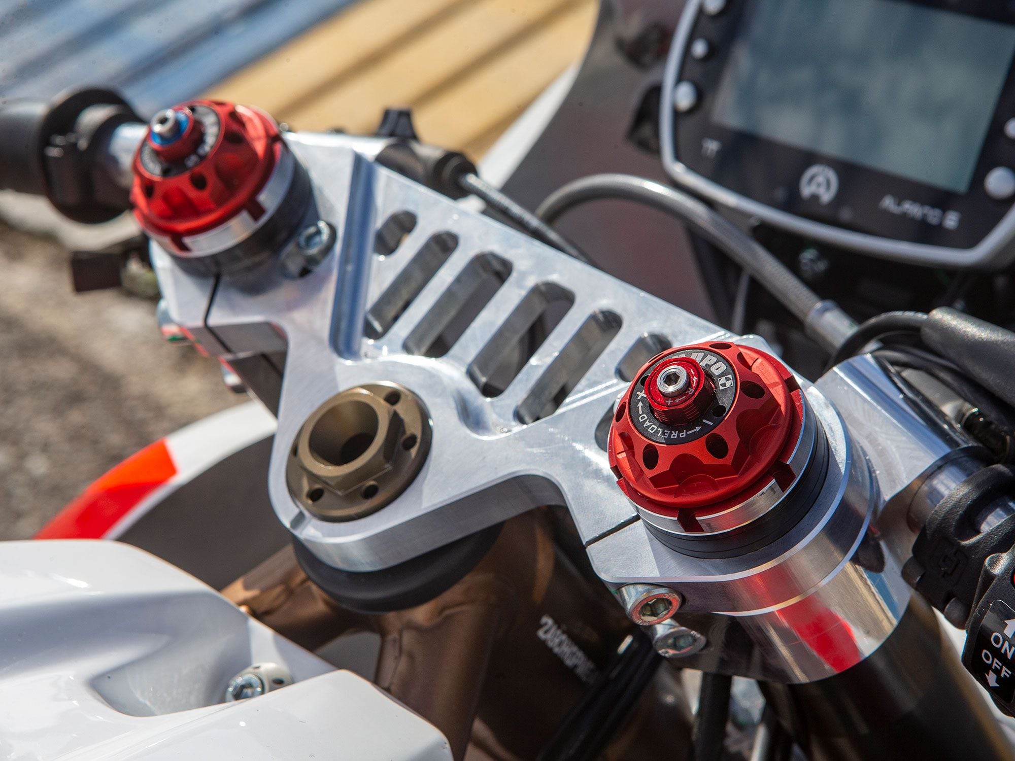 Dedication is in the details. Ohvale spared no expense on CNC-machined bits for the GP-2, like these triple clamps. The 38mm inverted fork with fully adjustable Mupo internals is a $699 option.