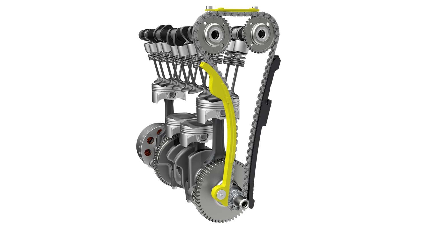 The cam-chain tensioner has been redesigned to minimize chain runout and is slipperier.