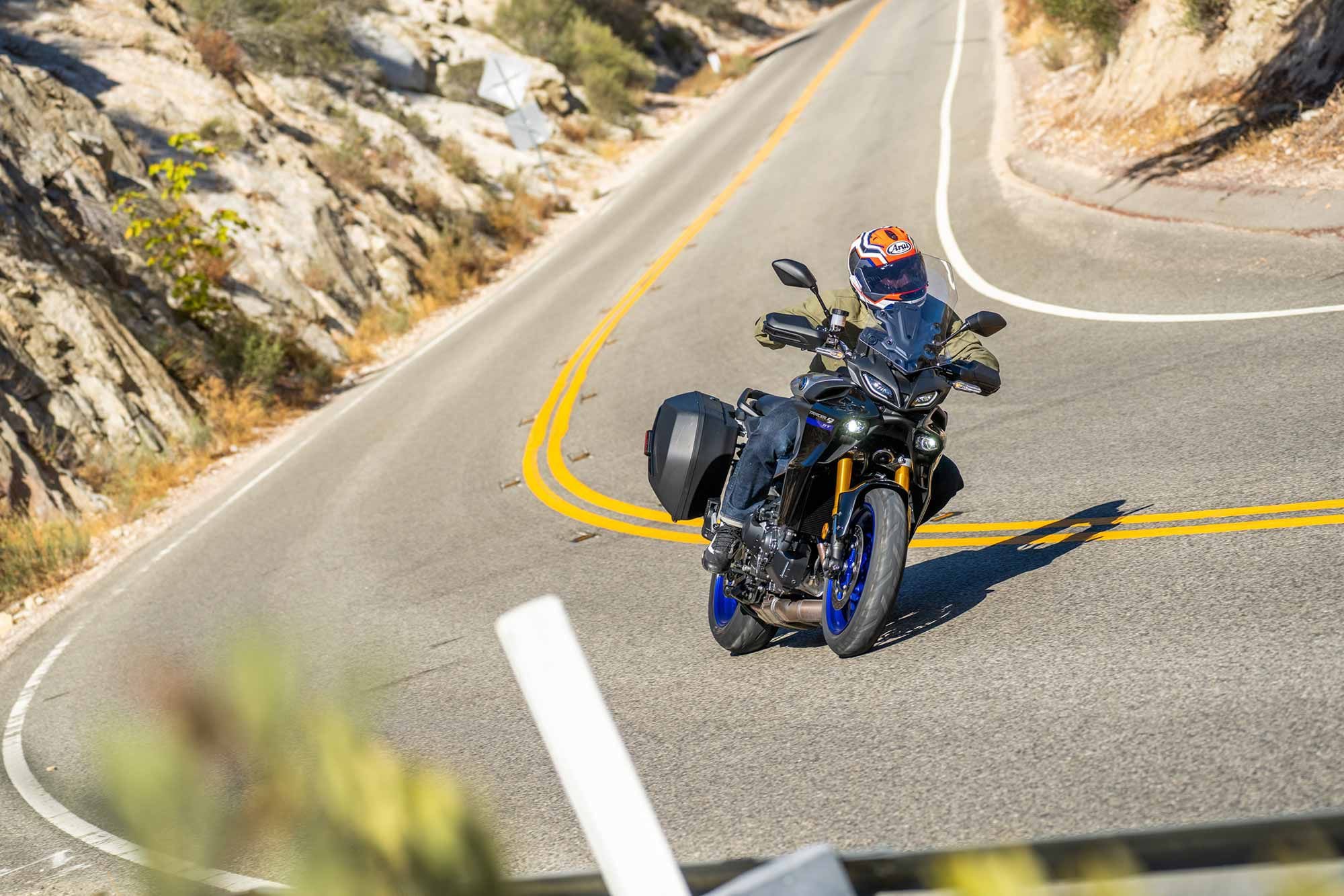 An asphalt-oriented adventurer meets sportbike, meets tourer, the Tracer 9 GT can do it all.