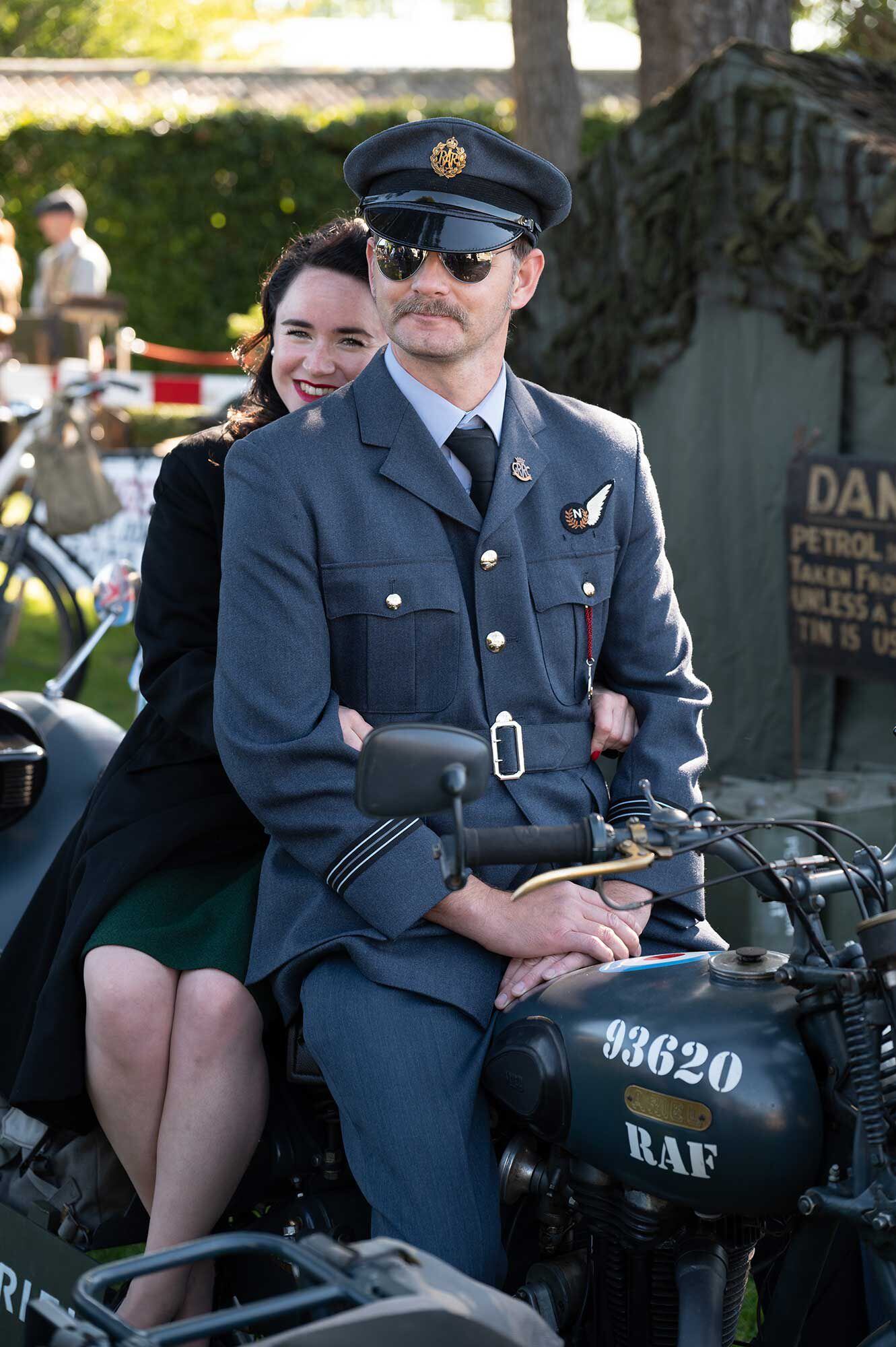Hundreds of motorcycles were parked around the Goodwood Revival grounds, both civilian and military. The level of dedication and thorough embrace of this event are embodied by this couple astride a wartime Ariel.
