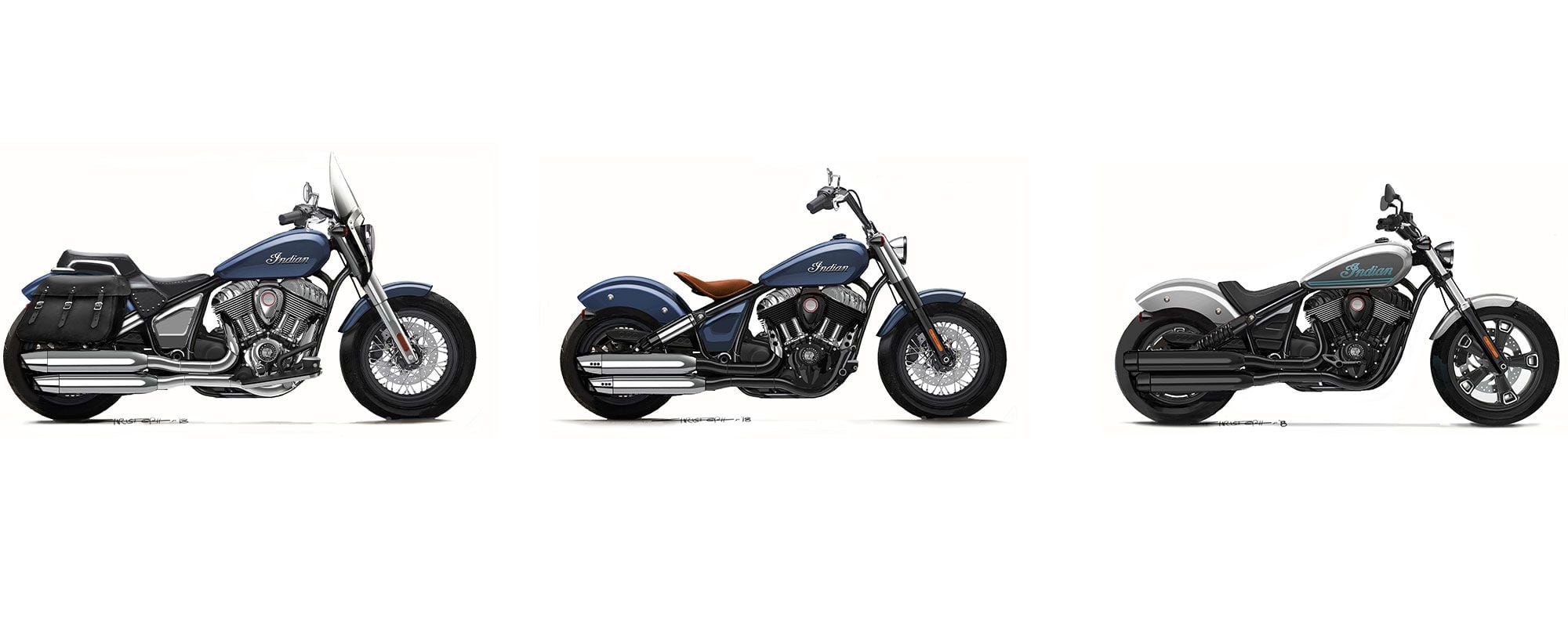 Early concept sketches of the three flavors of the new Chief, left to right: Super Chief, Chief Bobber, and Chief.