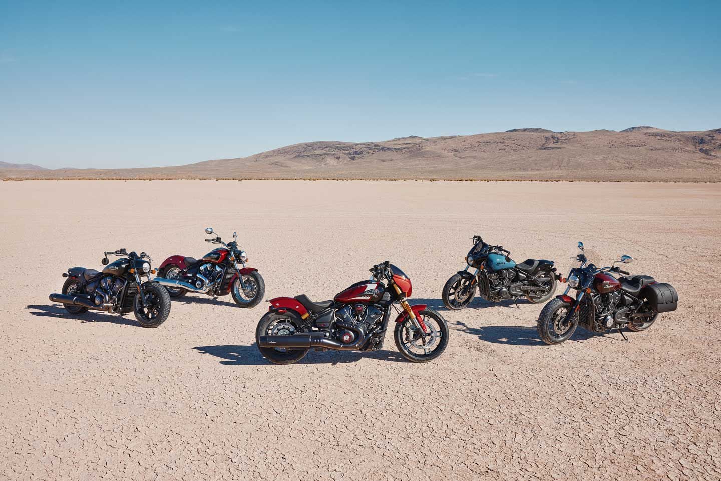 (From left to right) Scout Bobber, Scout Classic, 101 Scout, Sport Scout, and Super Scout.