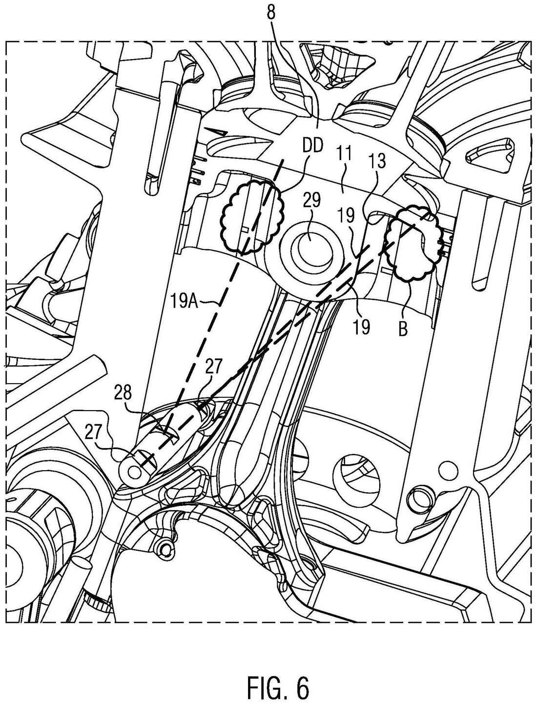 This illustration shows how the oil jets are aimed specifically under the piston’s regions where the exhaust and inlet valves create the most heat.