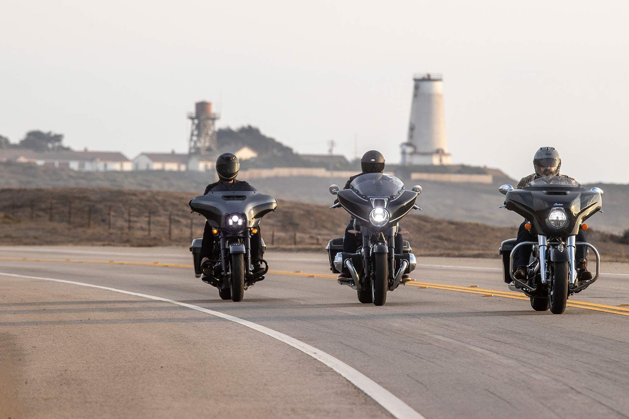 Piedras Blancas lighthouse stands in the background as our three baggers cruise north along PCH toward Big Sur.