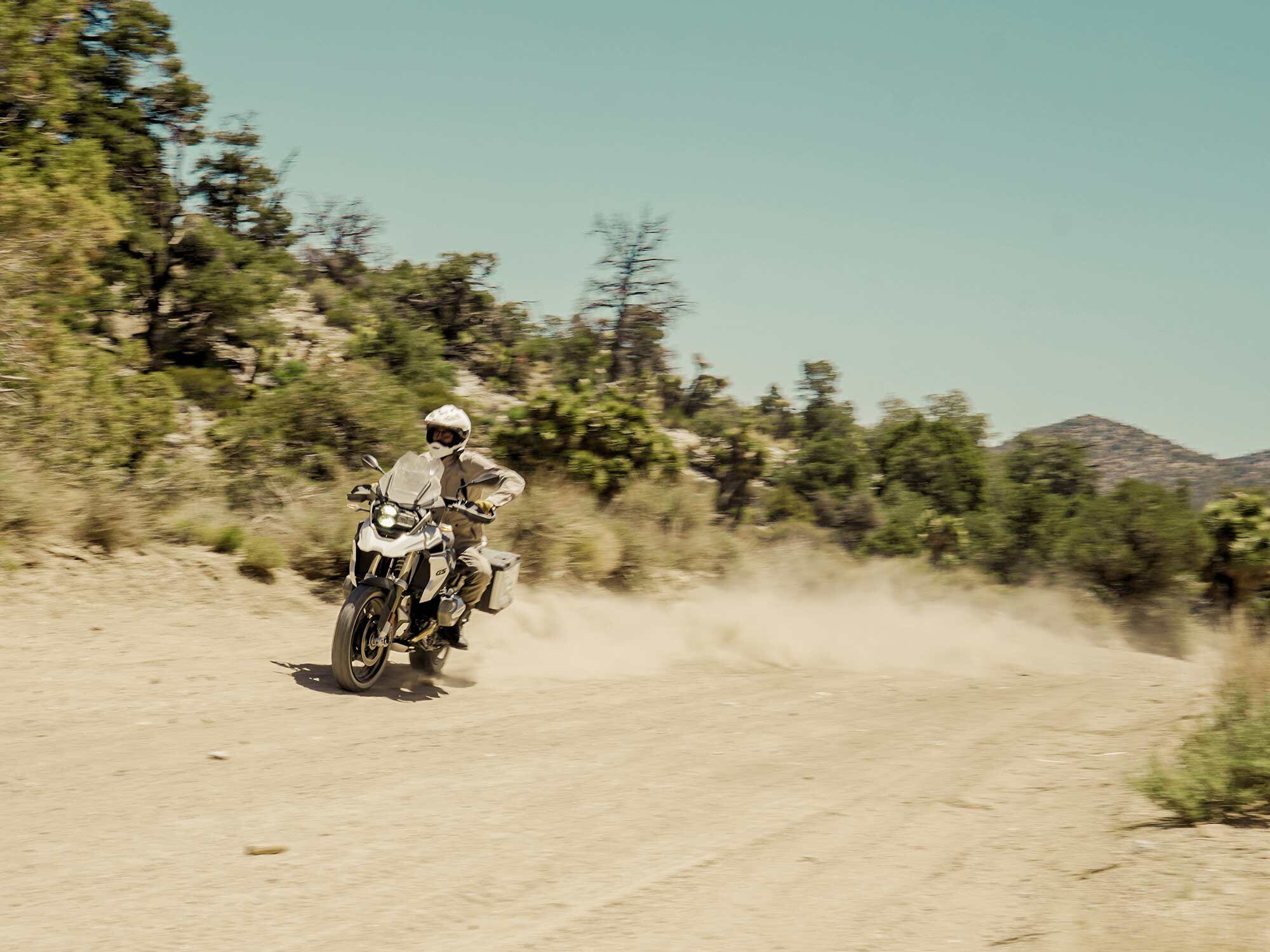 Gales nearing Pioneertown, riding a 2021 BMW R 1250 GS on the 2N02 trail from Big Bear.