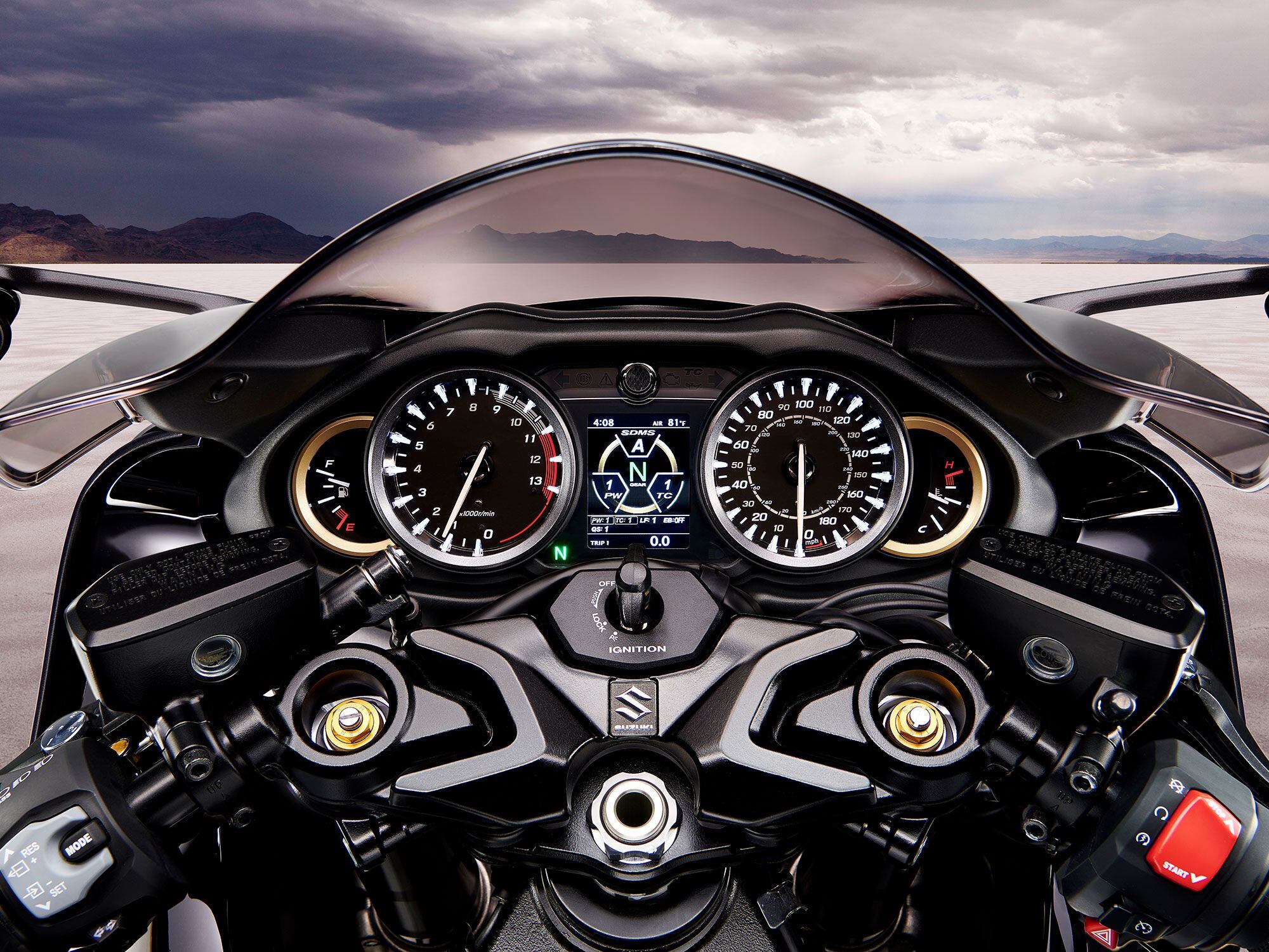 The new dash mixes the analog and digital. Check out the shift light front and center.