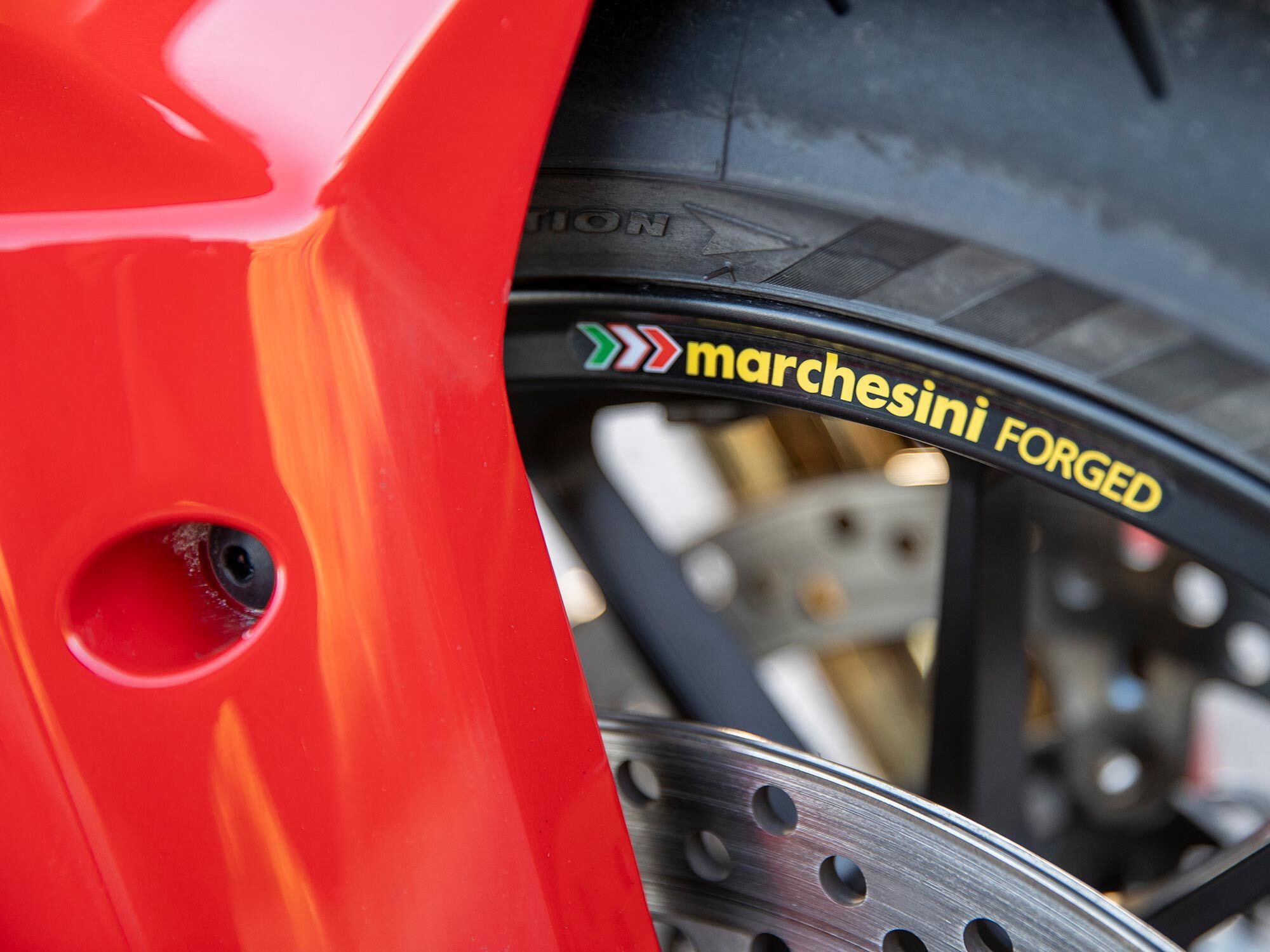 The 17-inch forged aluminum Marchesini wheels save nearly 6 pounds in comparison to the other Multistrada models, adding to its sportiness. The common sizes create flexibility in tire choice. Racing slicks and a trackday seem in order.