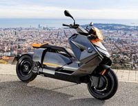 BMW CE 04 parked on city street overlook