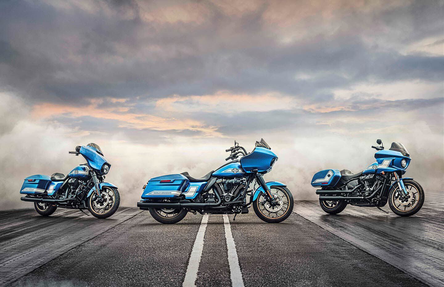 The Fast Johnnie treatment for this year’s Enthusiast Collection is given to three models: the Street Glide ST, Road Glide ST, and Low Rider ST (left to right).
