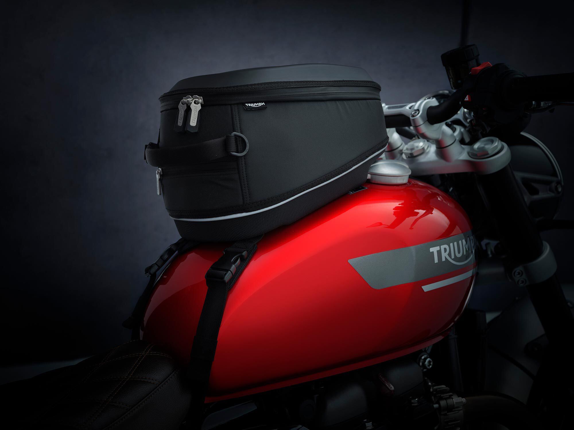 Accessories—like this tank bag—are readily available. Shown is the new Red Hopper colorway for 2022.