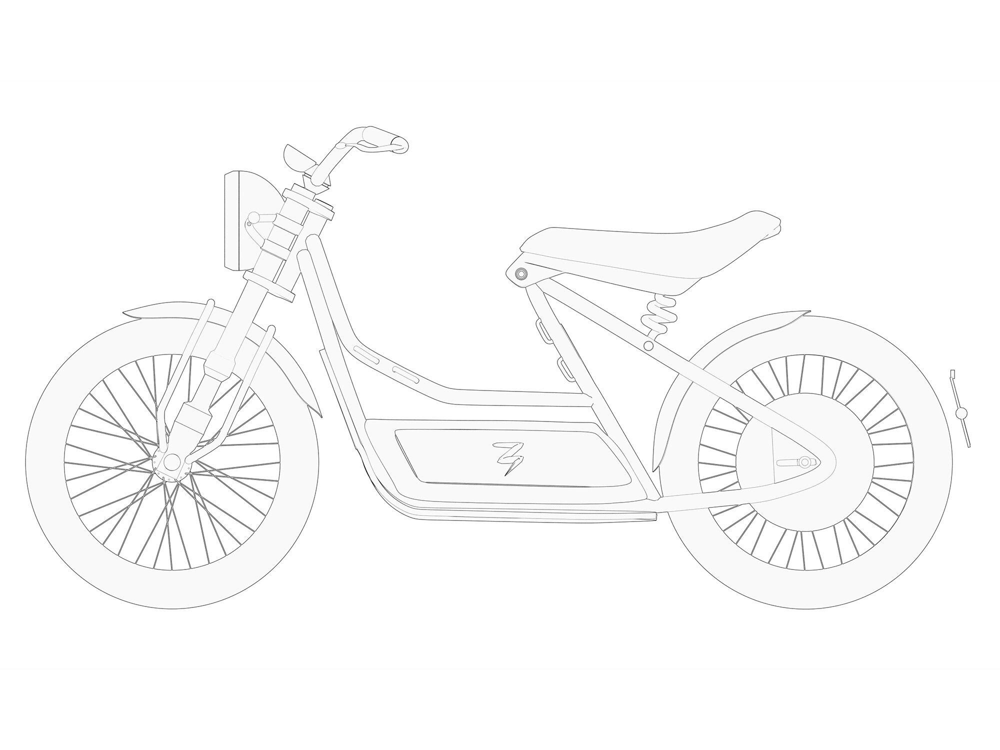 A hub-mounted motor, solo seat, and hardtail rear all point to this bike falling into the street-legal moped class.