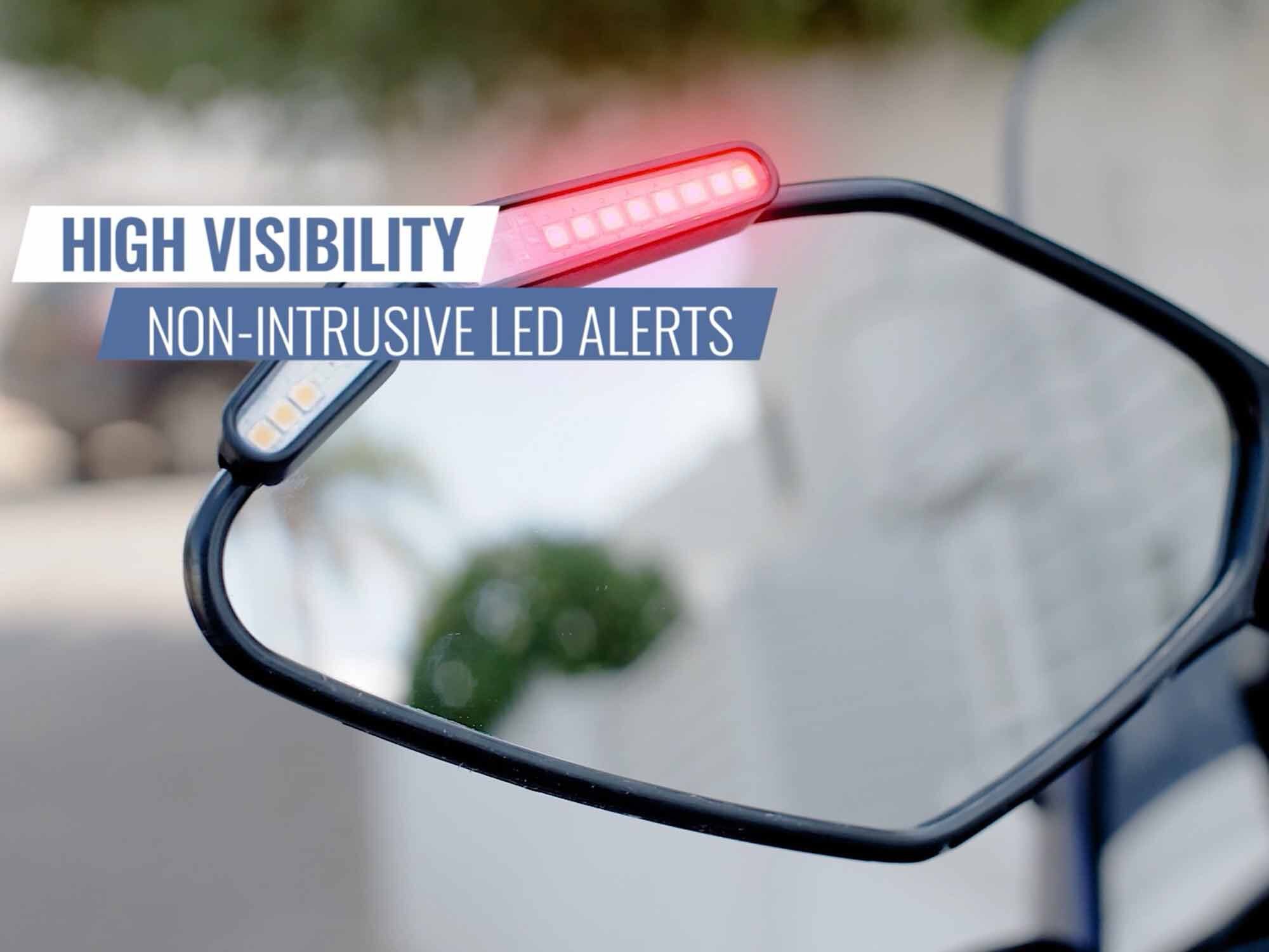 Mirror-mounted LEDs give you the heads-up if there’s untoward vehicle action nearby.