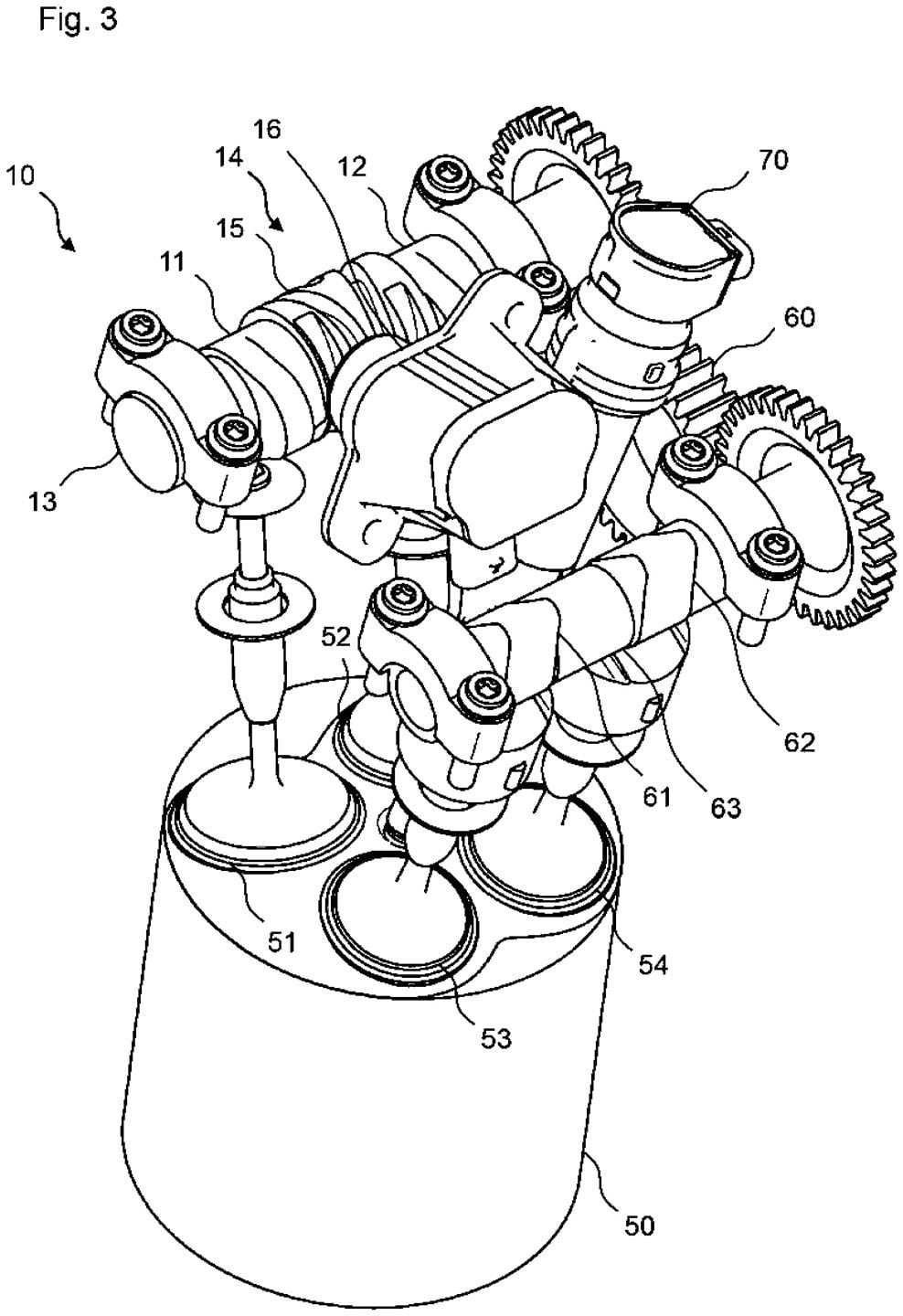 BMW ShiftCam patent drawings show solenoid in the middle of the intake cam, where it works on the spiral grooves to switch between low-speed and high-speed cam profiles.