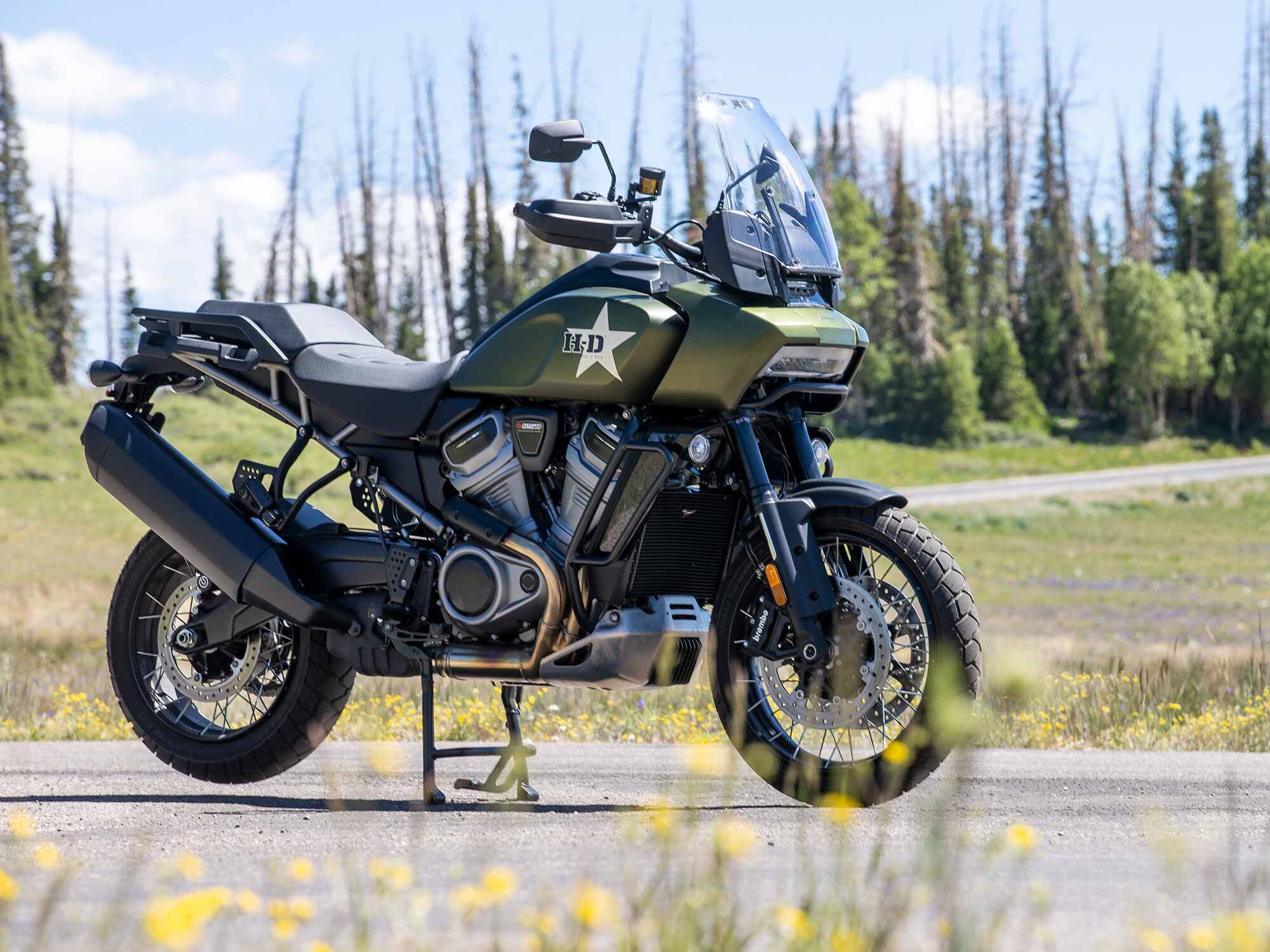 Our returning champion, the Harley-Davidson Pan America Special 1250, was delivered in Mineral Green Denim Deluxe paint and rolling on wire-spoked wheels.