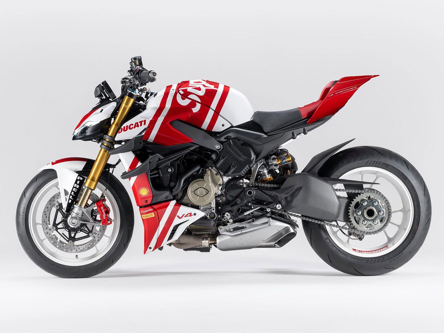 The model will retail for $50,000 and be available only in limited quantities for a limited time. The Brembo Stylema Monoblock front calipers were created specifically for the Streetfighter V4 Supreme with the white on red Brembo logo.