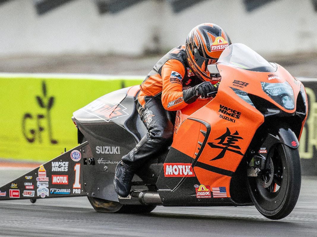 Defending NHRA Pro Stock Motorcycle Champion Gaige Herrera (1) backs up his incredible 2023 season with a dominant win at the 2024 Gatornationals on the Gen 3 Hayabusa.