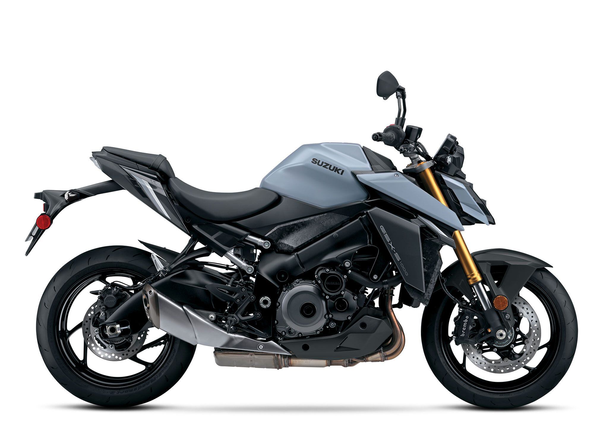 Ride-by-wire arrives for the GSX-S1000, along with three ride modes and five traction control settings (though still not IMU-based). The Metallic Matte Mechanical Gray color, said to be inspired by modern stealth fighter jets, shows off the 2022 model’s angular restyle.