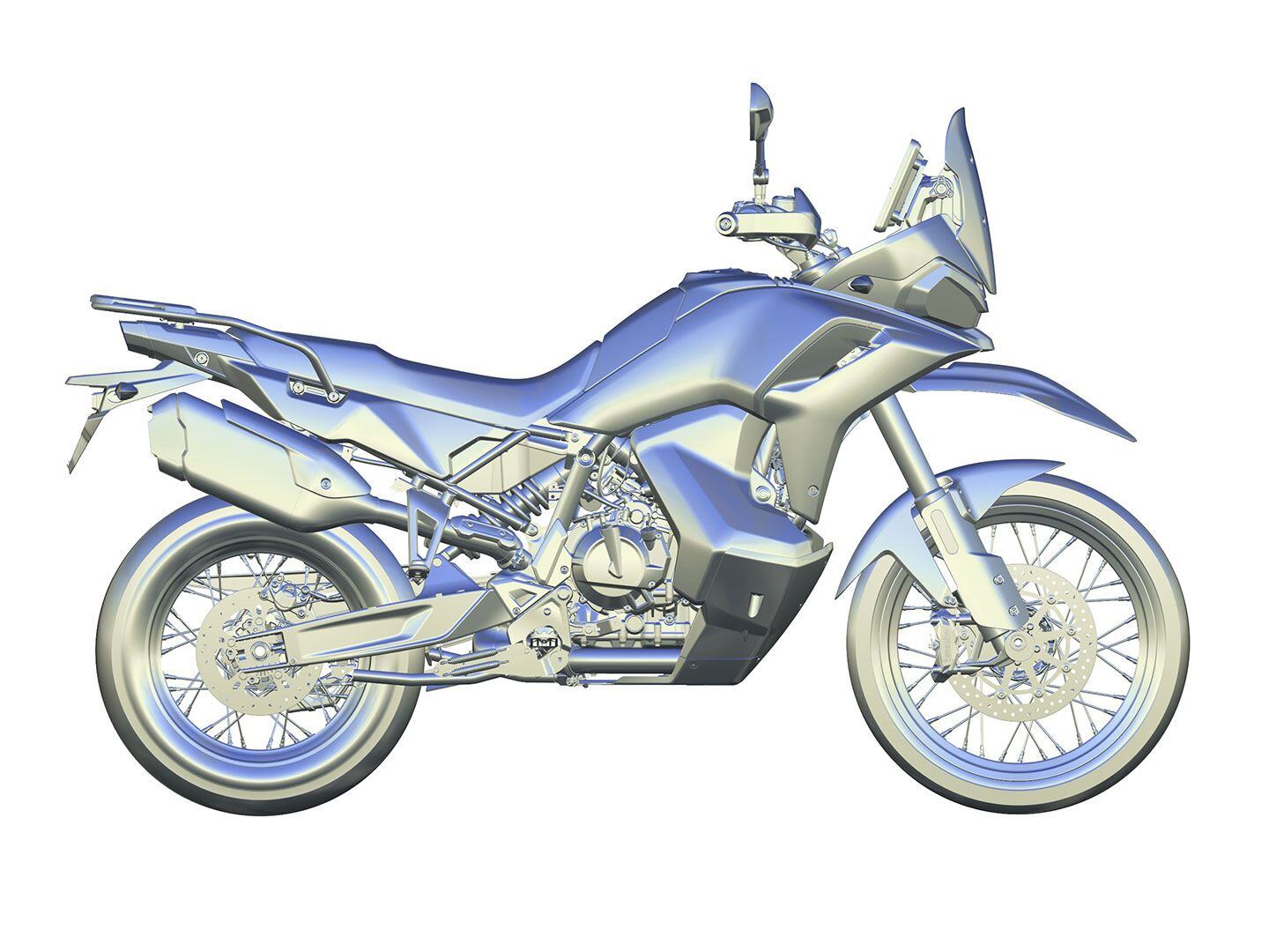 CFMoto has released design registrations for its upcoming 800 MT-X, which shares manufacturing partner KTM’s 799cc LC8c engine.