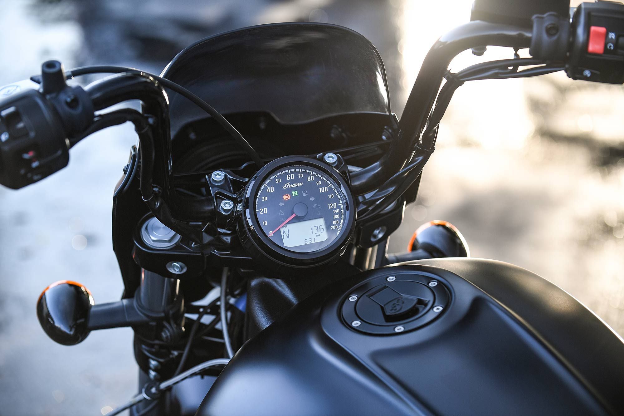 The Scout Rogue’s analog gauge has a small digital screen to display time, current gear, trip mileage, and more.