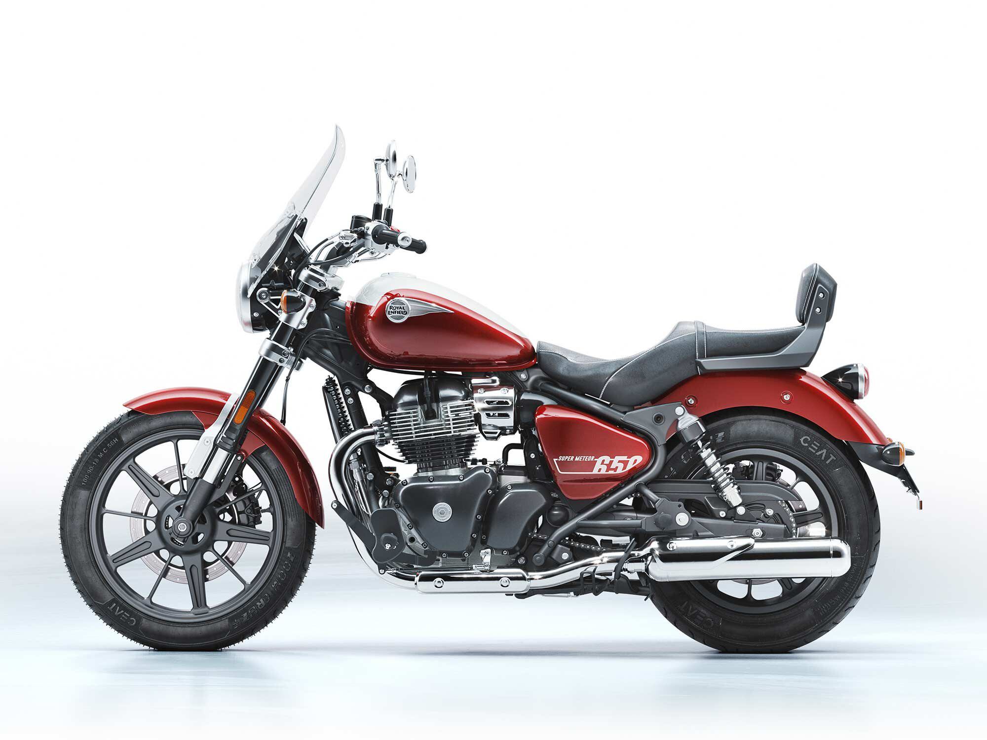 The new Super Meteor 650 in Celestial Red paint with touring accessories installed.