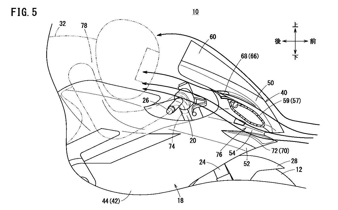 Air flows through the front cowl and over a wing inside (marked 59).