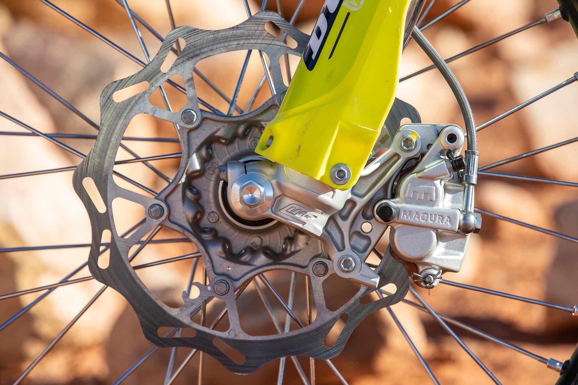 The FX 450’s Magura brakes don’t offer quite as much pucker power as the Brembos on the GasGas. But they have more bite than the Yamaha’s Nissin binders.