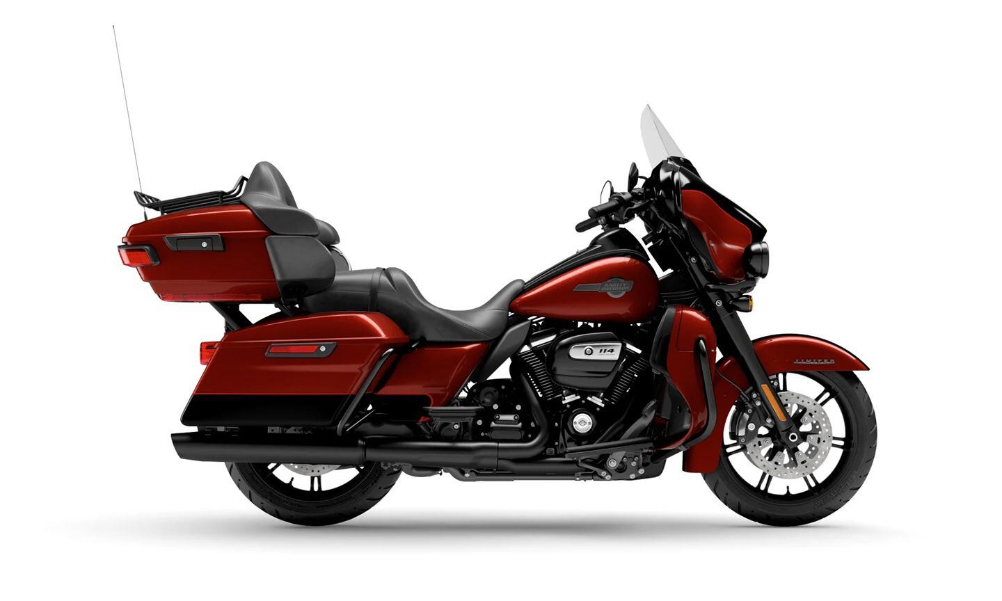 There’s no Street Glide for 2024 (yet), but the batwing-fairinged 2024 Ultra Limited is available in gray, black, White Onyx Pearl (shown), Sharkskin Blue, and a two-tone red/black color scheme. Reflex Linked Brembo brakes with ABS and Tour-Pak luggage comes standard.