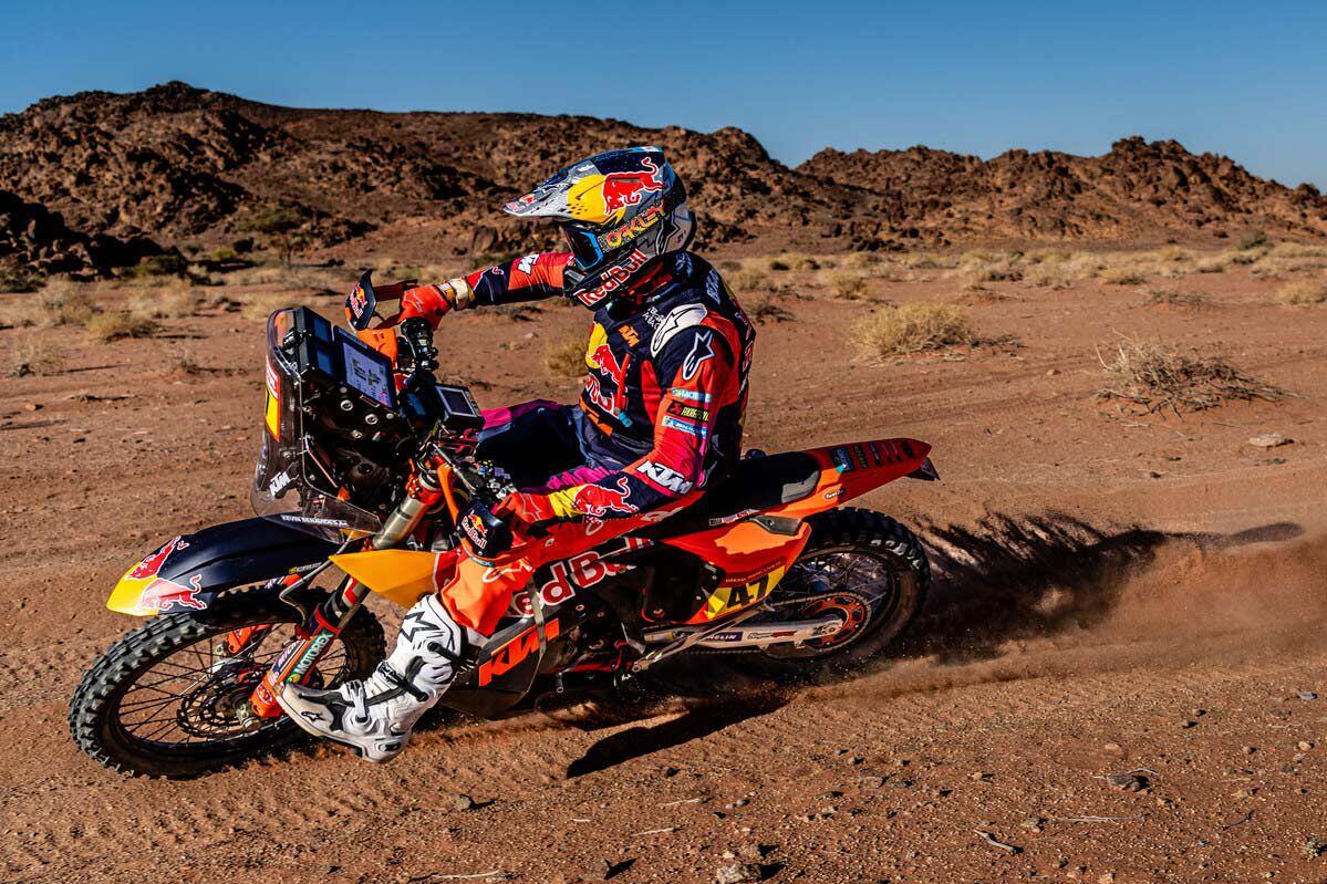 KTM’s Kevin Benavides is fifth, just over a half hour down from the front-runner.