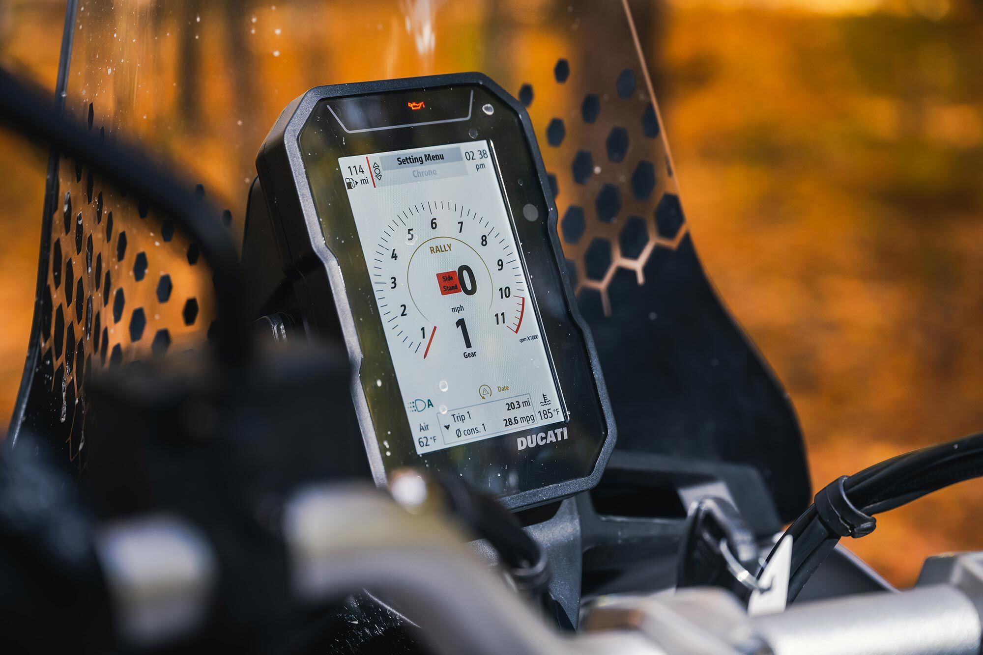 The Ducati’s 5-inch TFT display is simple to navigate. The included tripmaster is a nice nod to rally “roots,” but makes it difficult to read other useful info (like the tacho) at a glance. Fortunately, Ducati allows riders to select the standard display instead. Ducati switch gear is excellent as usual and navigating through menus is intuitive. Ducati’s UX continues to be exceptional.