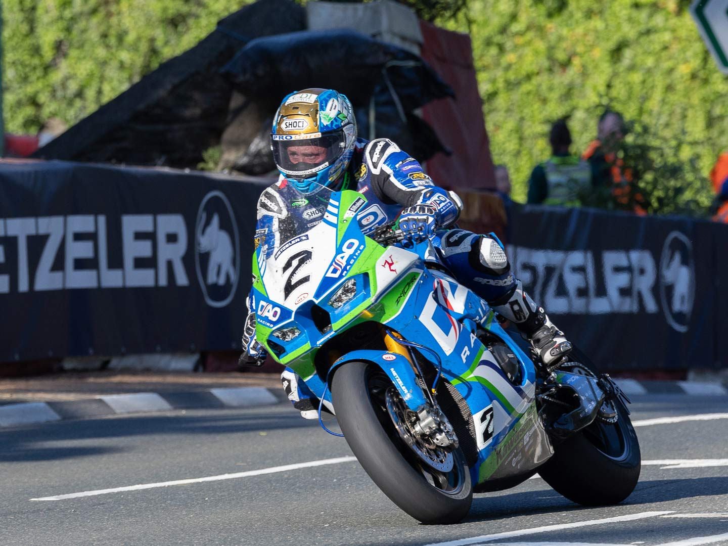 Dean Harrison rides his Kawasaki ZX-10RR Superbike out on the first evening practice. At age 34 Harrison, a fan favorite, has 54 TT starts, 20 podium finishes, and three wins and a top lap speed of 134.9 mph.