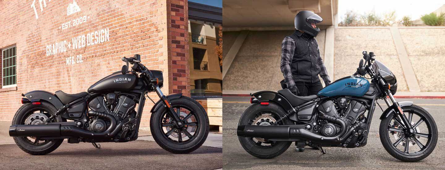 2025 Scout Bobber (left) and Sport Scout (Right), which replaces the Scout Rogue. The Scout Bobber has shorter rear shocks with 2.0 inches of travel, vs. 3.0.