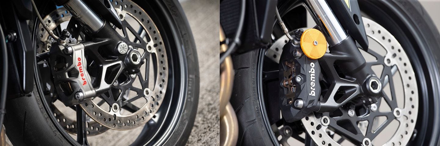 The RS’ Brembo Stylema calipers are new for 2024 and provide an incredible mix of power and feel, especially when paired to the MCS brake lever. M4.32 calipers on the R are still nothing to scoff at, and feel right at home on the street.
