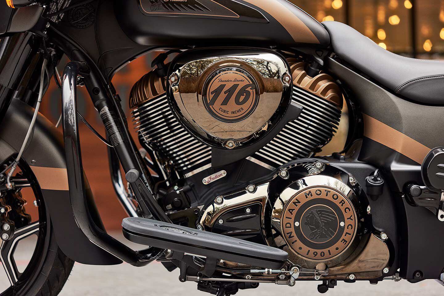 The Chieftain Elite’s Thunderstroke 116 engine can be adjusted via three selectable ride modes. Externally, it gets gussied up with what Indian calls “bronze chrome finishes.”