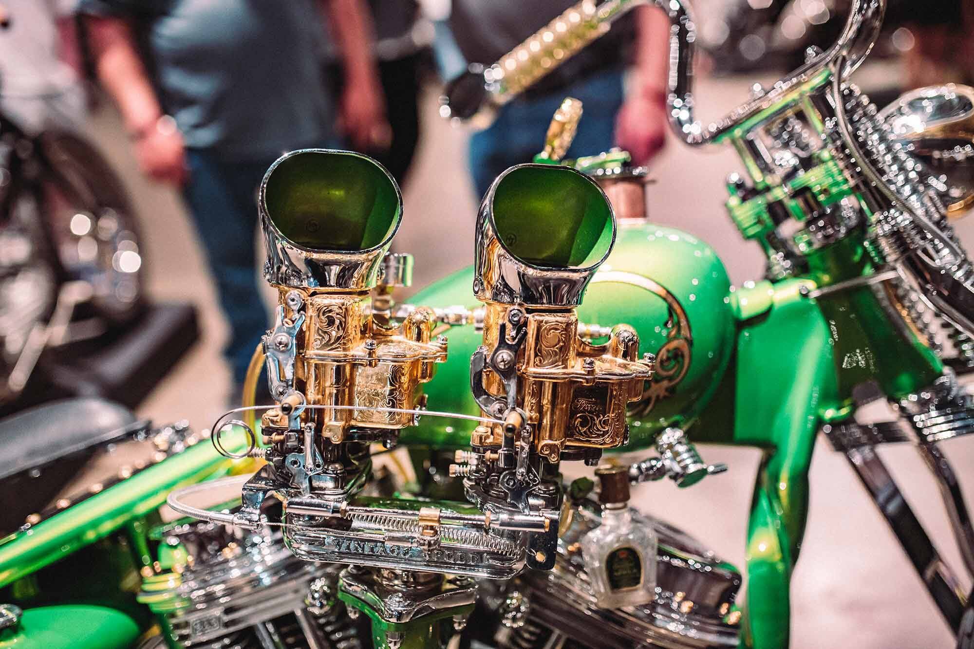 Embellished Ford carburetors on a Harley-Davidson Panhead.