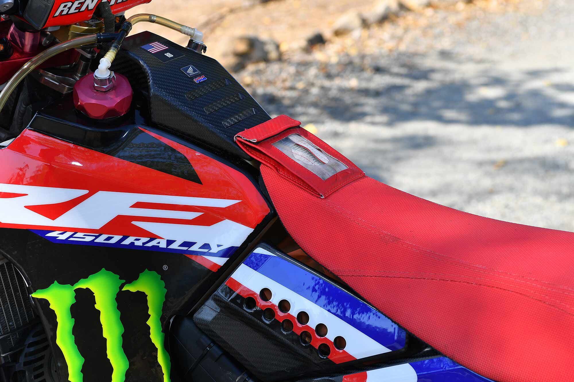 A Twin Air filter is housed in a cavity beneath the front of the Noguchi seat. The location is fairly well protected from most dust—so much so that the team plans to run the entire 489 miles without changing the filter.