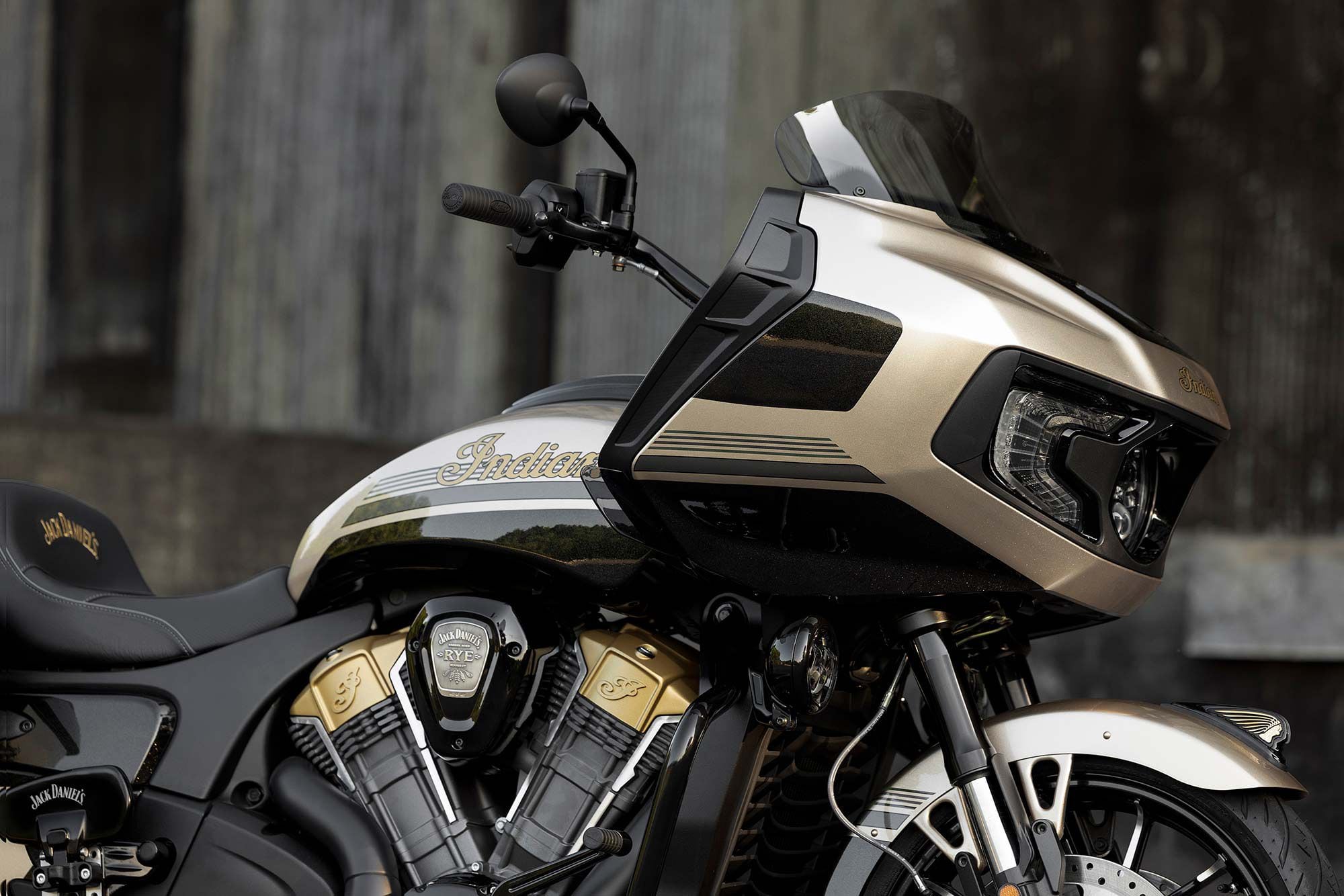 The metallic paint contrasts against the Dark Horse’s blackout treatment; a custom shield and engine details are featured as well.