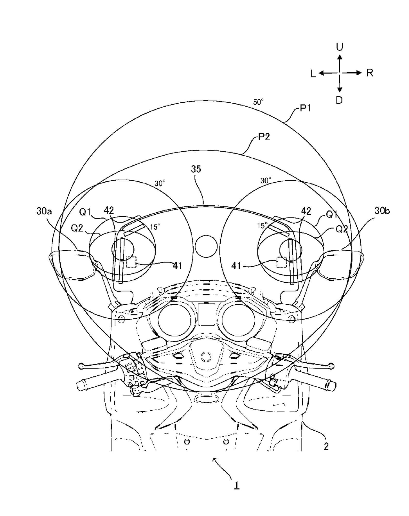 Other patent drawings also show the system deployed on a TMAX scooter, with warning lights placed elsewhere.