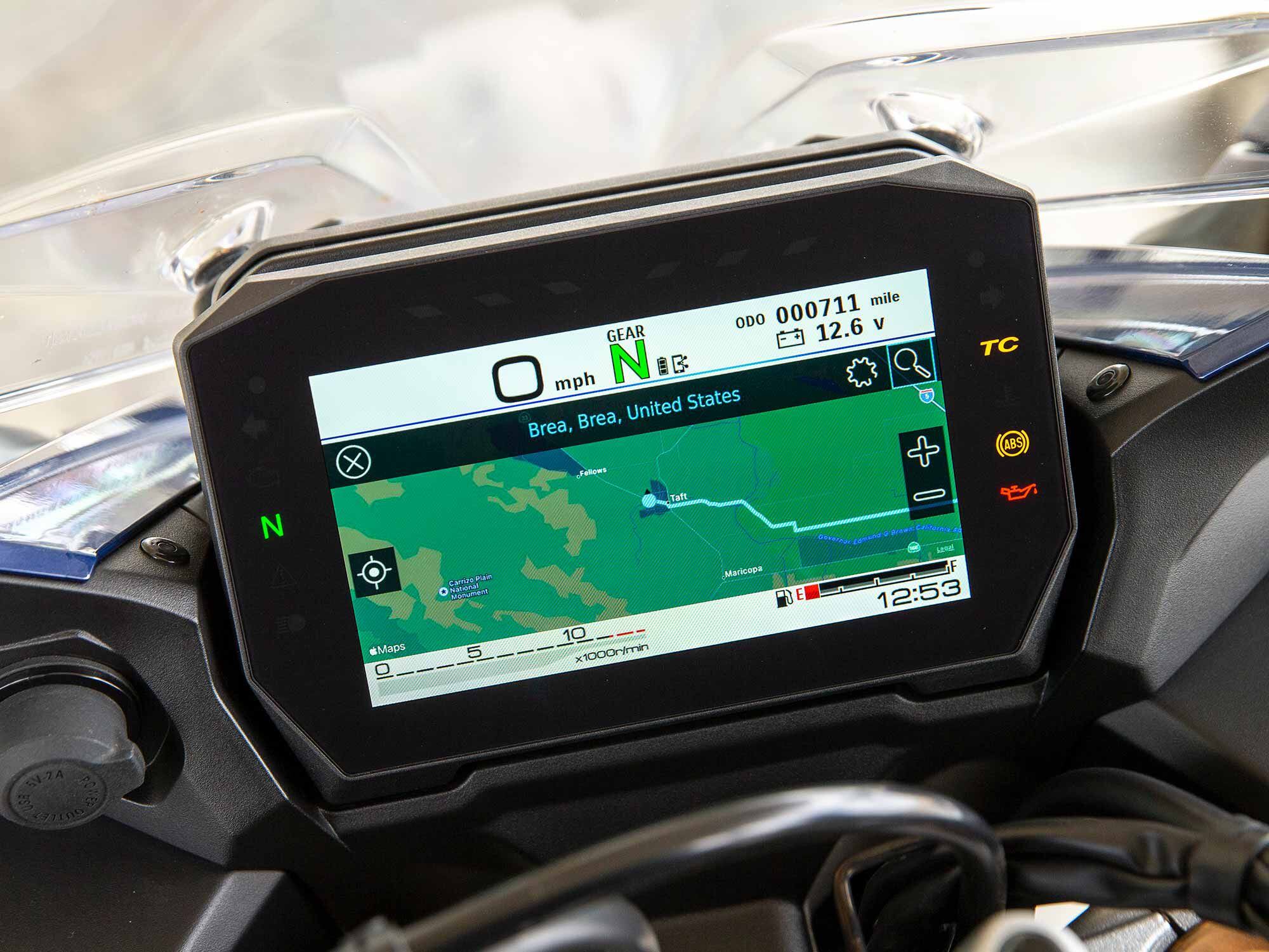 Smartphone connectivity is available through the Suzuki mySPIN app, which provides access to contacts, phone, maps, music, and your calendar, through the 6.5-inch TFT display. The system requires use of a Bluetooth headset, which we didn’t have on our ride.