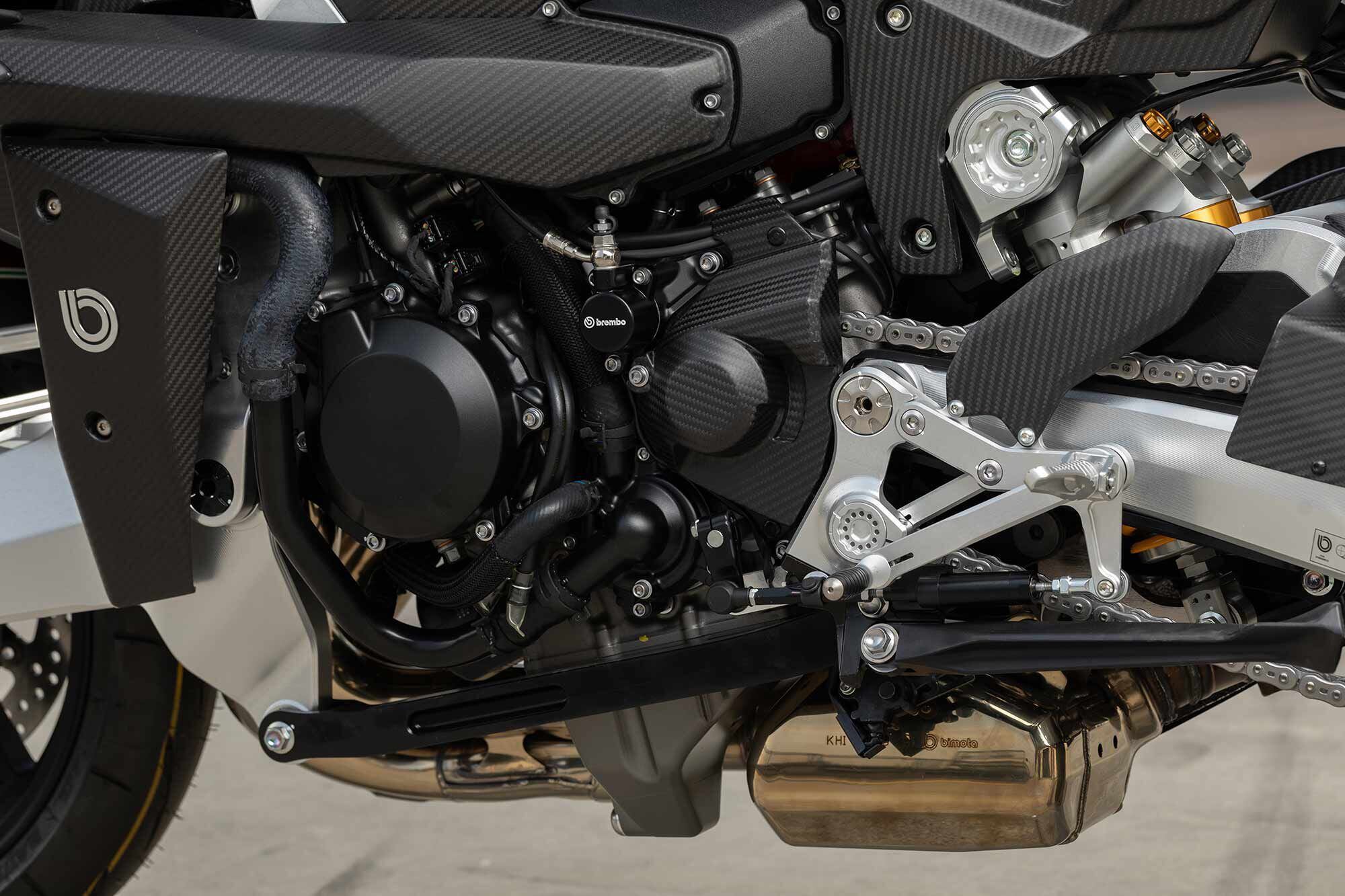 Kawasaki’s brutally supercharged H2 engine in elegant Bimota trim.