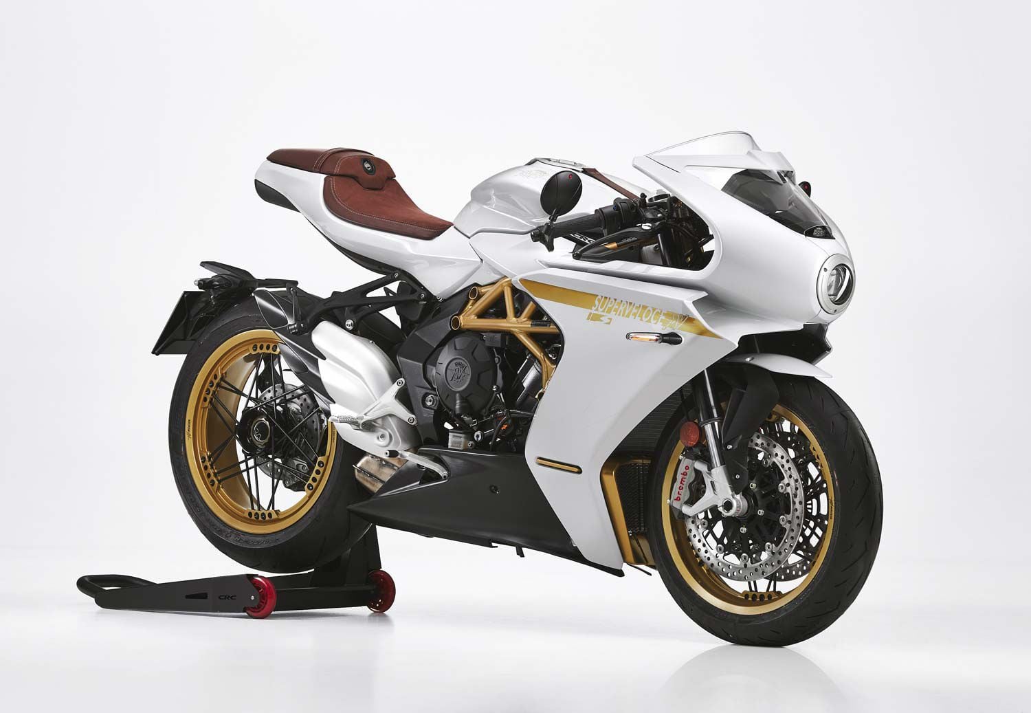 MV Agusta says the white paint scheme on the Superveloce S underscores its “timeless lines” which were designed in a wind tunnel.