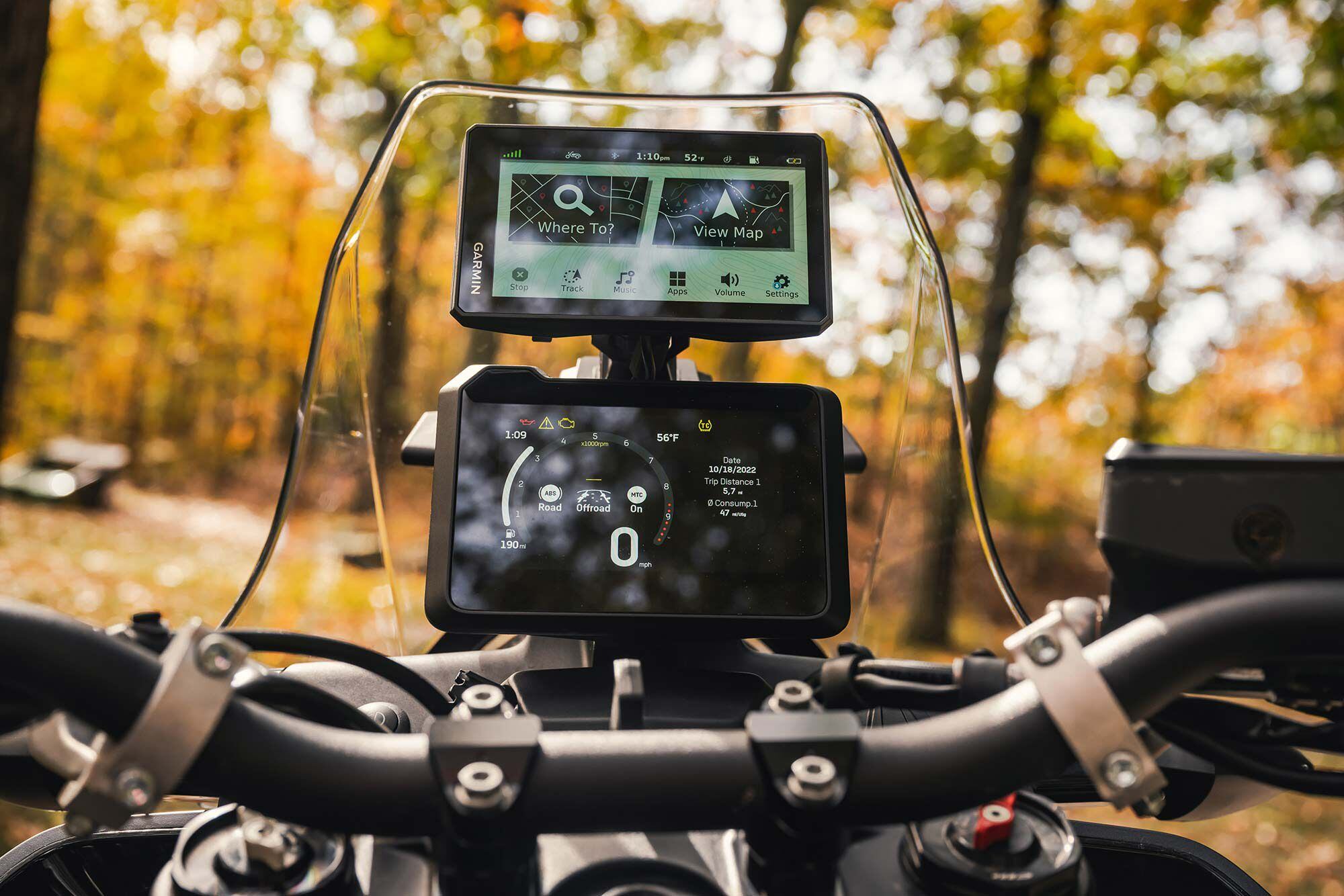 The Norden’s 5-inch TFT display is easy to use and looks great. The prewired mounting point simplifies the installation of an above-screen GPS, in this case a Garmin Zūmo XT, with a MotoPumps articulated mount designed specifically for the Norden and KTM 390/790/890. Gotta love KTM/Husqvarna for making it easy for riders to put another screen right where they want it.