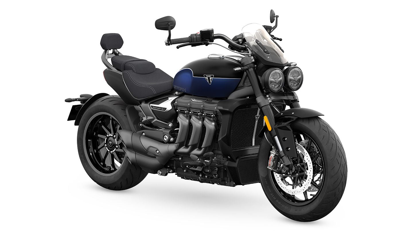The GT model of the Rocket 3 Storm has a more relaxed, cruiserlike riding position than the R.