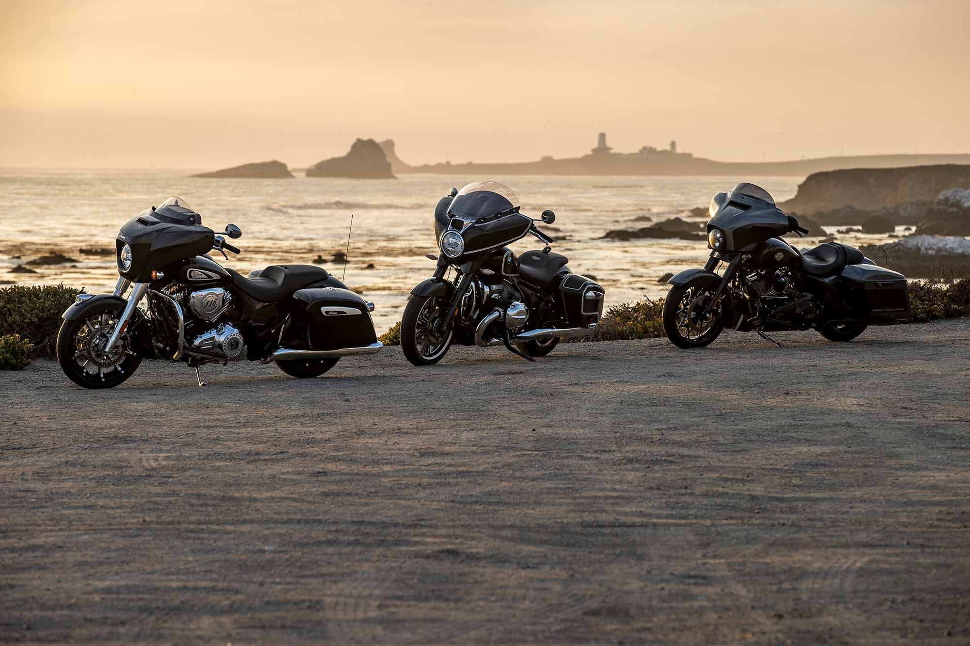 Three luxury touring machines built for American highways. As tested, the 2021 Harley-Davidson Street Glide Special costs $29,994, the Indian Chieftain Limited $27,999, and the BMW R 18 B First Edition $28,870.