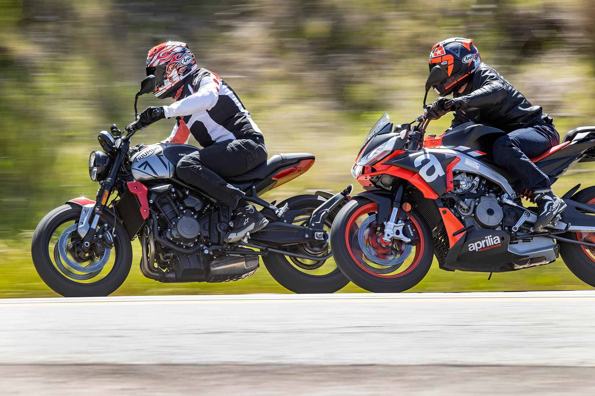 The Trident’s relatively relaxed ergonomics complement it’s easy-going ride, while the Aprilia’s aggressive reach suits its sporting intent.