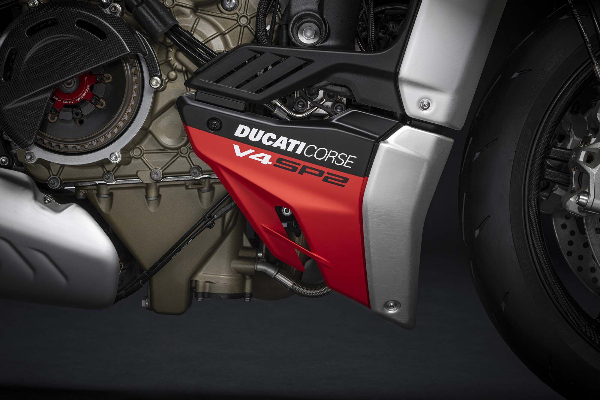 Ducati offers the Streetfighter in several trim levels, and the top of the line is the Streetfighter V4 SP2. Note the dry clutch, which lets the engine use a special Shell lubricant designed specifically for racetrack use.