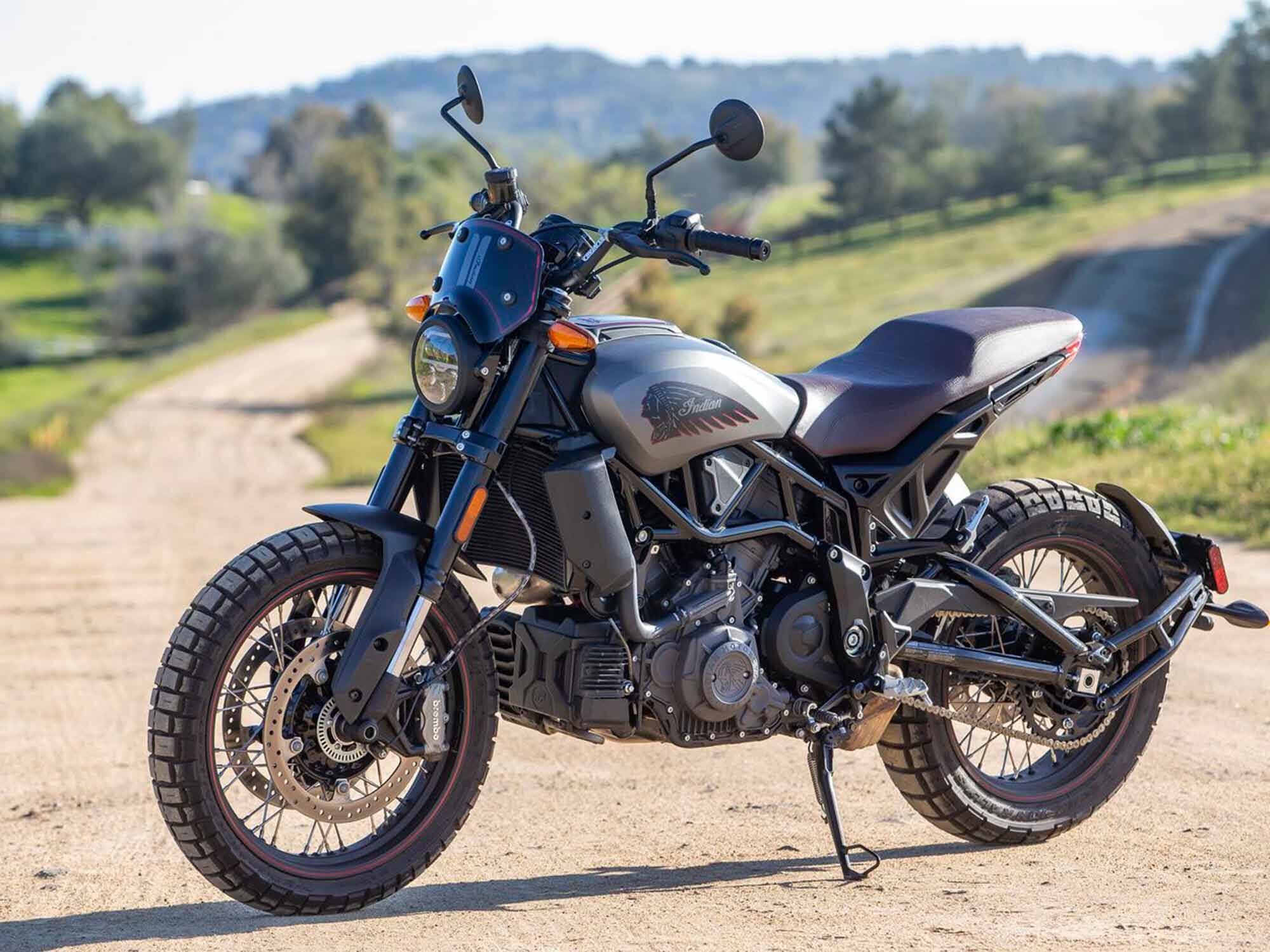 The Rally is the sole model in Indian’s FTR series to keep the taller front tire for 2022; it’s also the only one with knobbies.